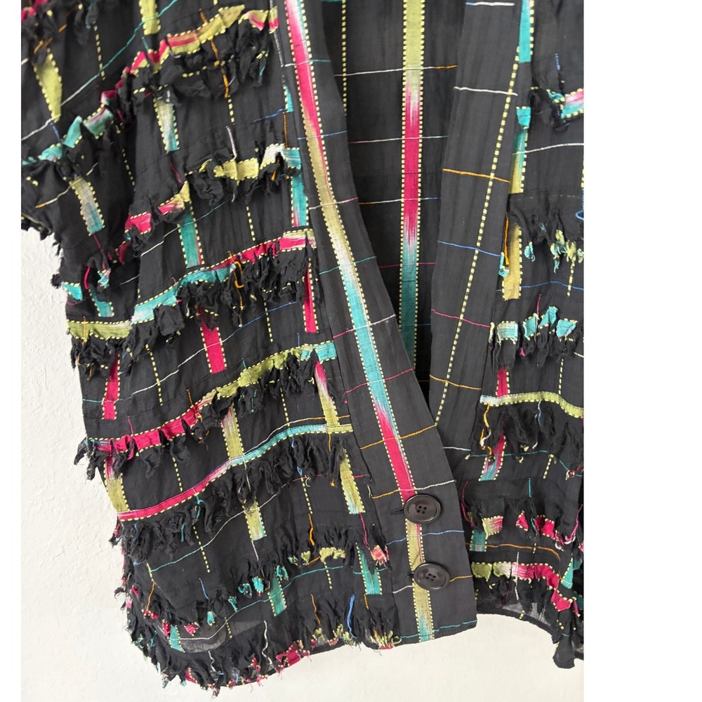 Paula Sweet Womens Muslin Mink Fringe Shredded Jacket L Multi Color Art To Wear - Picture 6 of 7